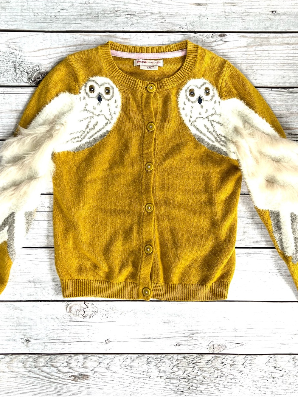 Mini Boden Mustard Cardigan with White Owl Appliqués
